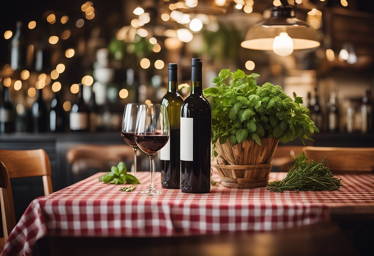 Um restaurante italiano aconchegante e rústico em casa: toalhas de mesa xadrez, iluminação suave, garrafas de vinho e ervas frescas na mesa