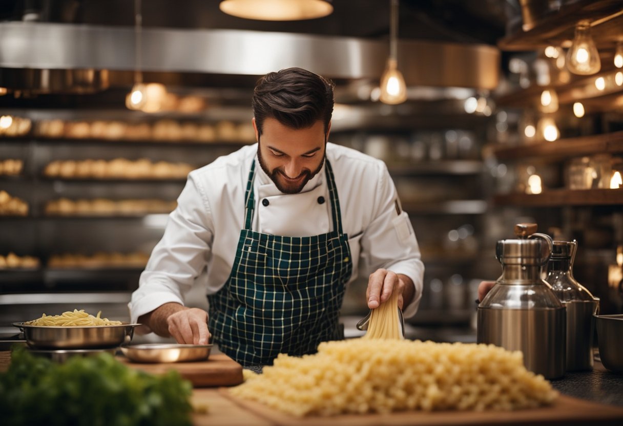 Um aconchegante restaurante italiano com toalhas de mesa xadrez, luz de velas tremulantes e prateleiras cheias de garrafas de vinho. Um chef prepara massa fresca em uma cozinha aberta enquanto o aroma de alho e tomates preenche o ar.