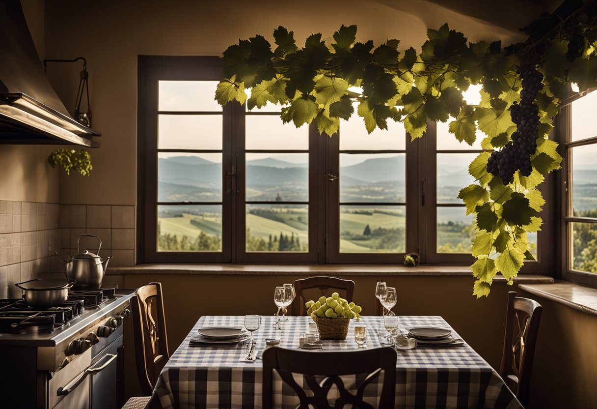 Uma sala de jantar aconchegante e com iluminação suave, com toalhas de mesa xadrez, videiras penduradas e uma vista do campo italiano através de uma janela. Um chapéu de chef e um avental estão pendurados em um gancho perto da cozinha.