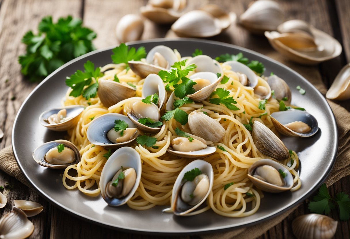 Um prato fumegante de espaguete alle vongole repousa sobre uma mesa de madeira rústica, cercado por conchas de mariscos espalhadas e guarnecido com salsa fresca.