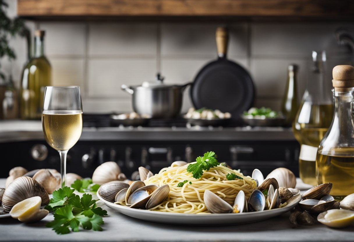 Uma cozinha rústica italiana com uma panela fumegante de spaghetti alle vongole, cercada por mariscos frescos, alho, salsa e uma garrafa de vinho branco.