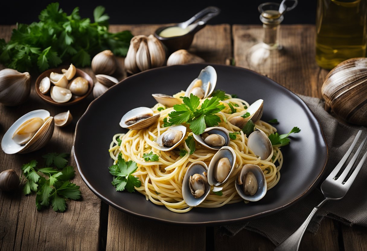 Um prato fumegante de espaguete alle vongole repousa em uma mesa de madeira rústica, cercado por mariscos frescos, salsinha, alho e um fio de azeite.