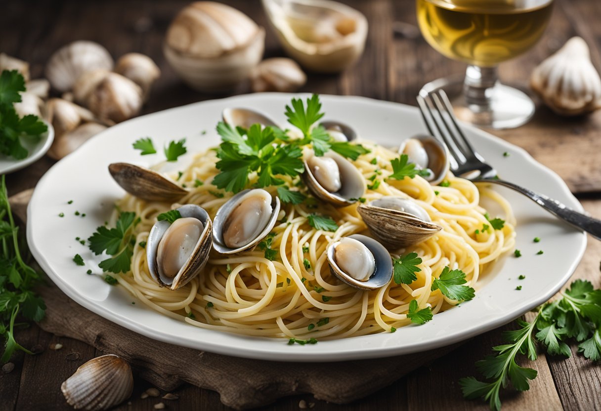 Um prato fumegante de espaguete alle vongole repousa sobre uma mesa de madeira rústica, cercado por conchas de marisco espalhadas e salsa fresca. Um copo de vinho branco complementa o prato.