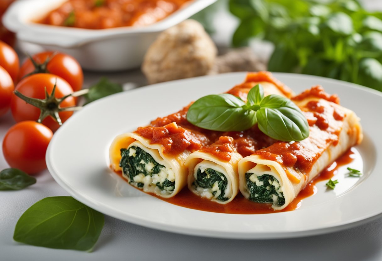 Um prato de canelones recheados com espinafre e ricota, cobertos com um rico molho de tomate, guarnecido com folhas frescas de manjericão