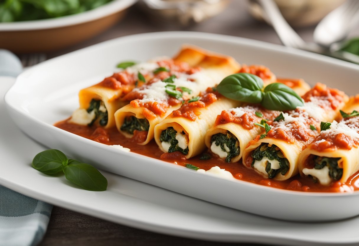 Uma mesa posta com um prato de cannelloni recém-assados, recheados com espinafre e ricota, cobertos com um rico molho de tomate.