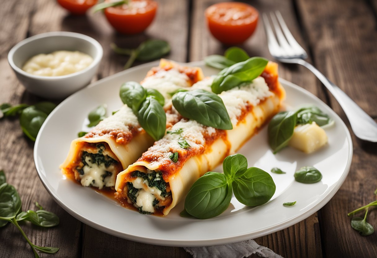 Um prato de canelones recheados com espinafre e ricota, cobertos com molho de tomate, repousa sobre uma mesa rústica de madeira.