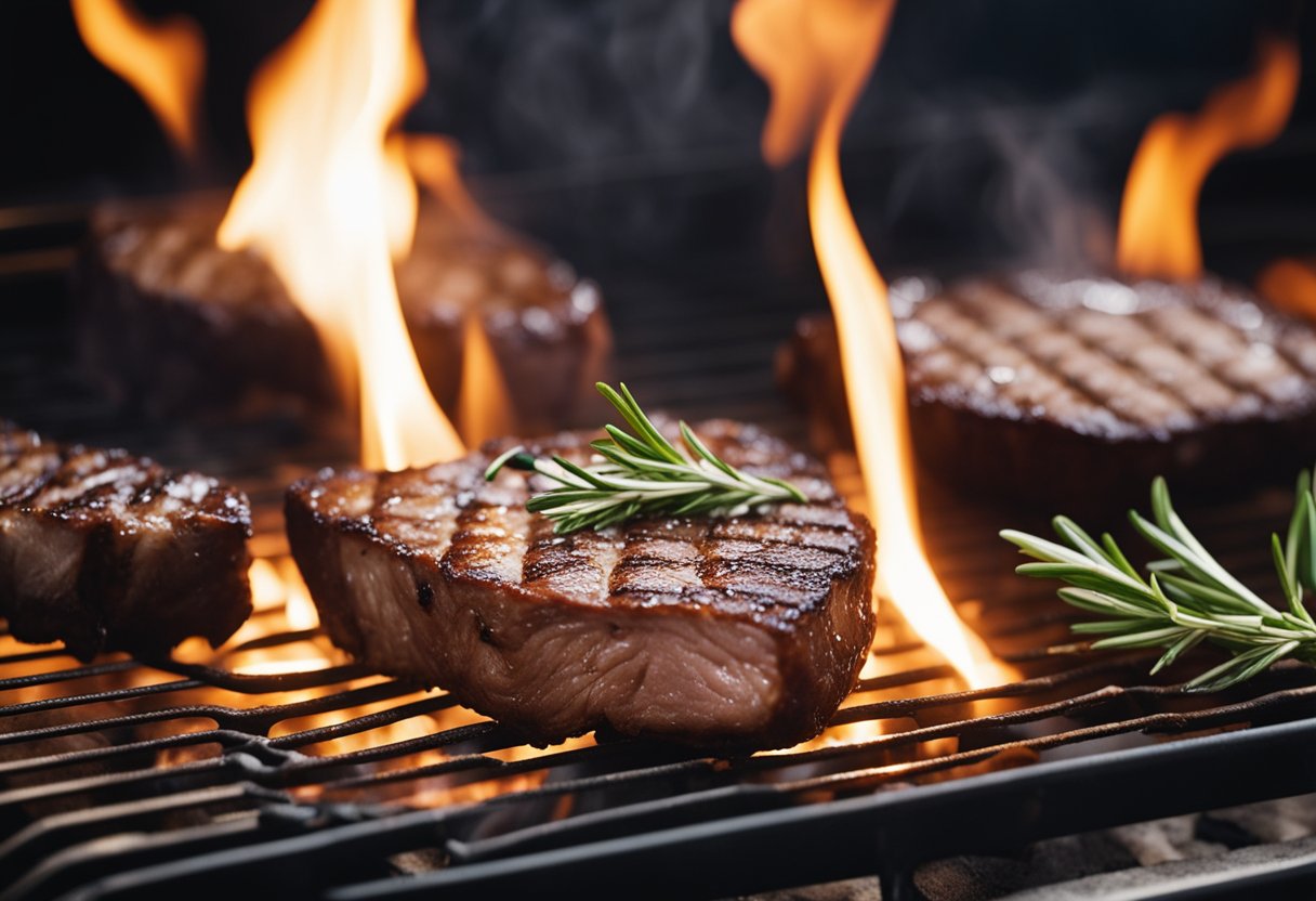 Uma bistecca alla fiorentina crepitante cozinhando em uma grelha quente, com uma pitada de sal e alecrim por cima