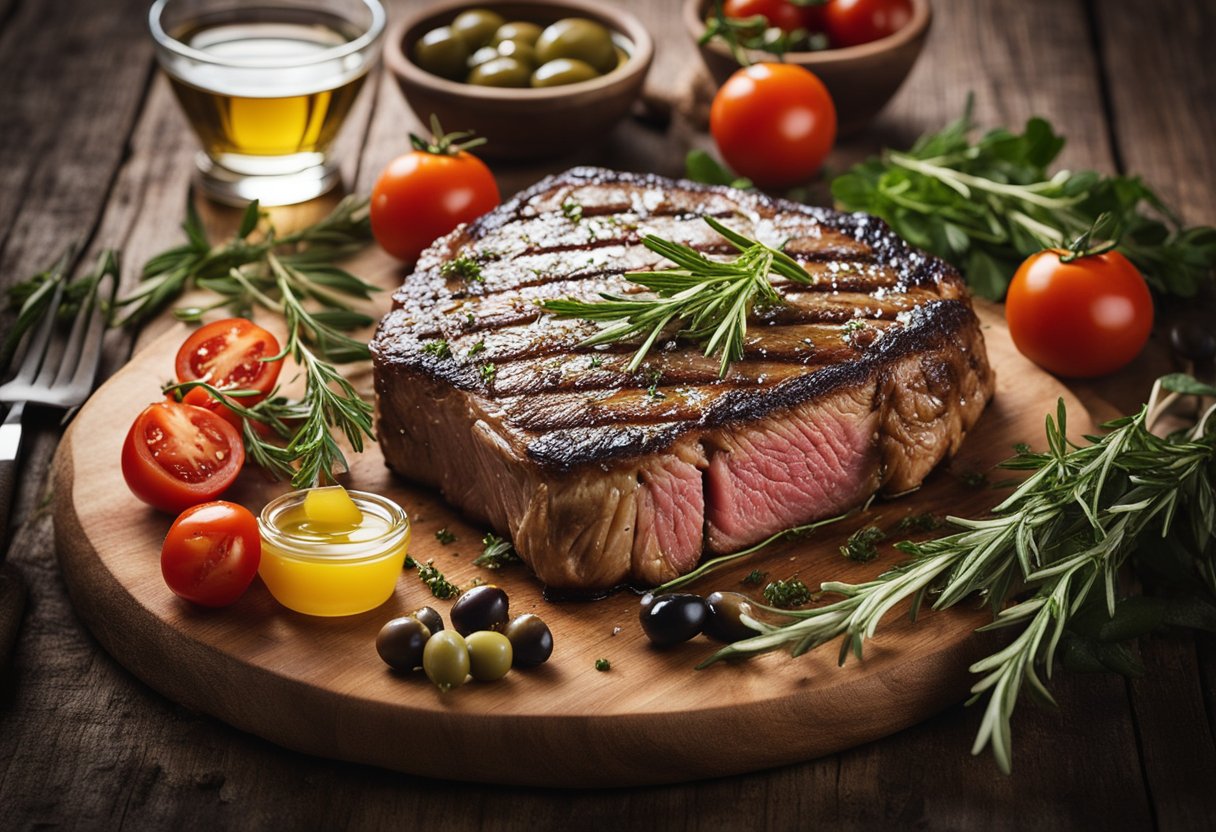 Uma mesa de madeira rústica posta com um bife grosso e suculento, cercado por ervas frescas, tomates e azeite de oliva. O bife está caramelizado e perfeitamente cozido, pronto para ser saboreado.