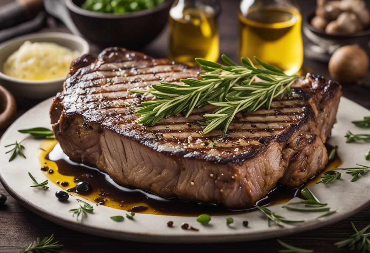 Um grosso bife T-bone chiando em uma grelha quente, cercado por ervas frescas e azeite de oliva, pronto para ser cozido à perfeição para um prato tradicional de Bistecca alla Fiorentina.