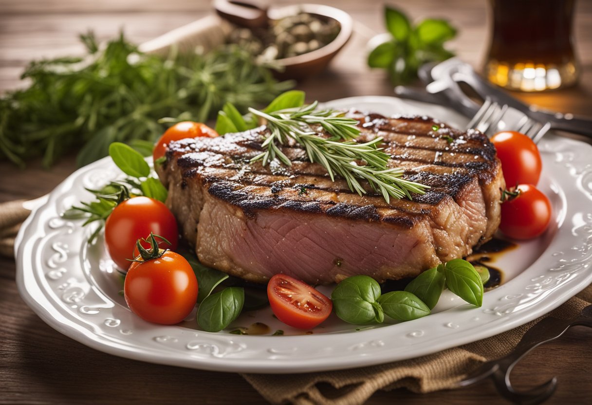 Uma bistecca alla fiorentina chispeante em uma grelha quente, cercada por ervas frescas e tomates, evocando os sabores autênticos da Toscana