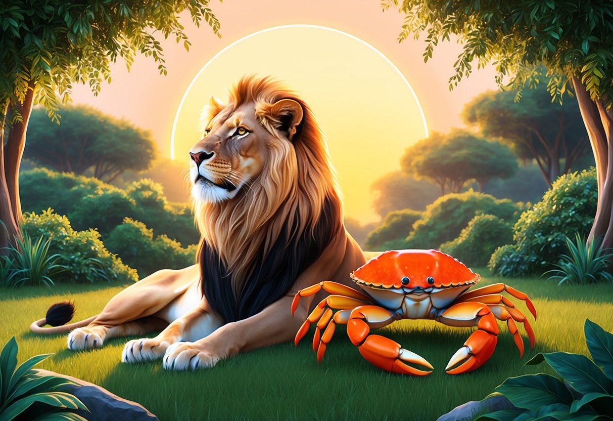 A lion and a crab sit side by side, basking in the warm glow of the sun, surrounded by lush greenery and a serene, peaceful atmosphere