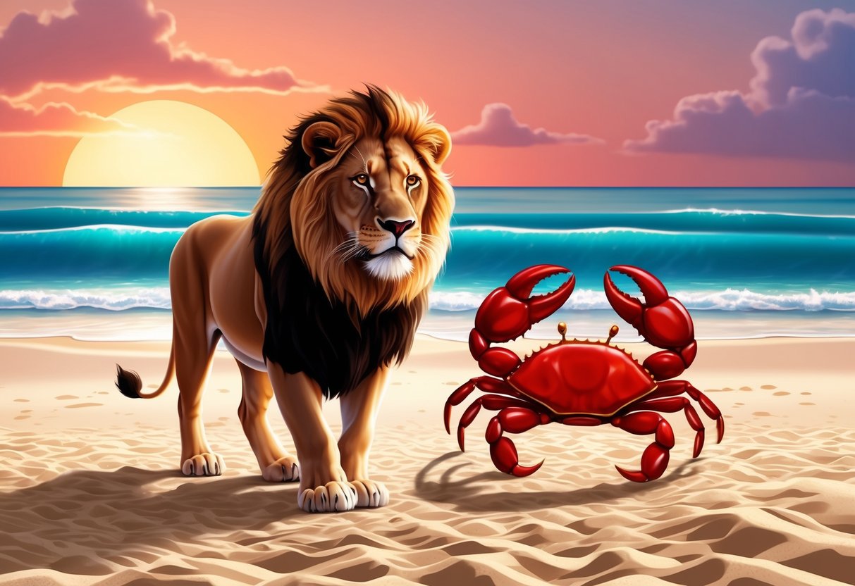 A lion and a crab walking side by side on a sandy beach at sunset