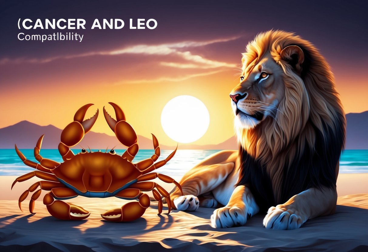 A majestic lion and a nurturing crab bask in the warm glow of the sun, symbolizing the passionate yet harmonious compatibility between Cancer and Leo