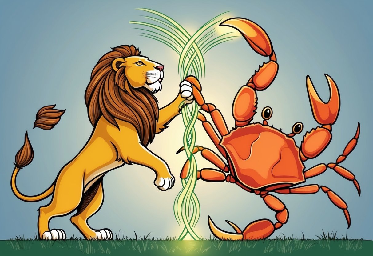 A lion and crab stand side by side, their energy intertwining and lifting each other up, symbolizing the strengths and mutual growth in cancer and leo compatibility