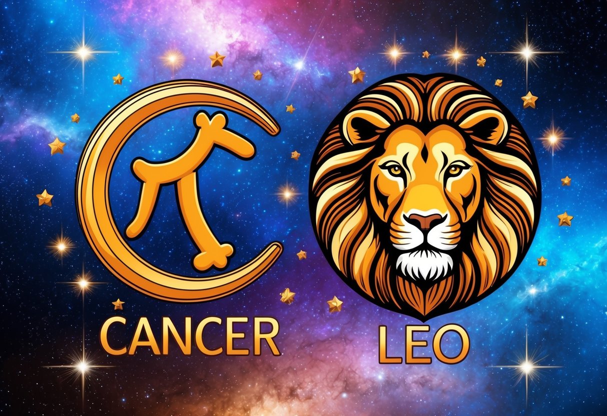 Two zodiac symbols, Cancer and Leo, surrounded by stars and a cosmic background