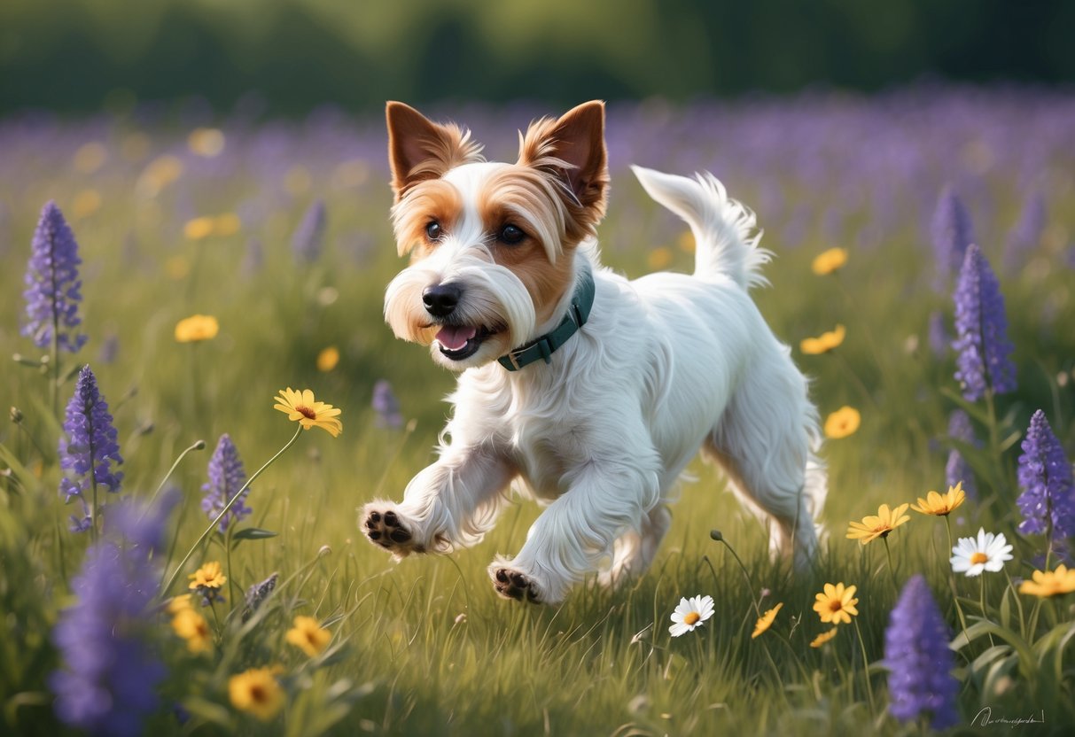 A Dandie Dinmont Terrier dog playing in a field of wildflowers