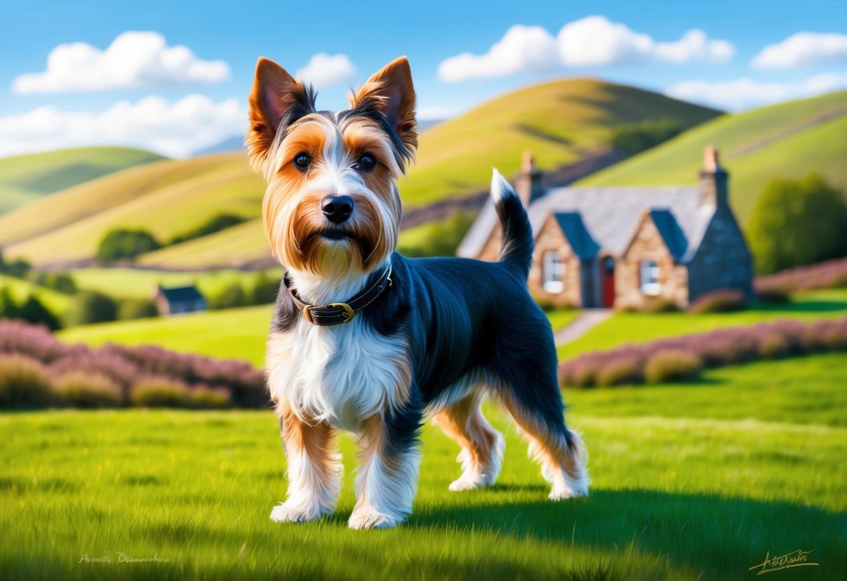 A Dandie Dinmont Terrier dog stands proudly in a Scottish countryside, with rolling hills and a quaint stone cottage in the background