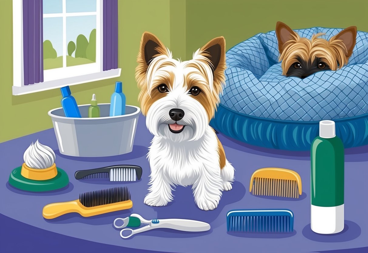 A Dandie Dinmont Terrier being groomed with a brush and comb, surrounded by grooming supplies and a cozy bed