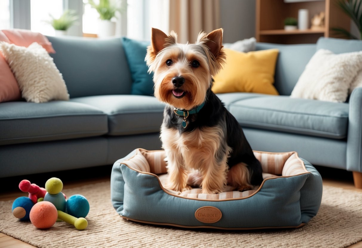 A Dandie Dinmont Terrier dog sitting in a cozy living room, surrounded by toys and a comfortable dog bed