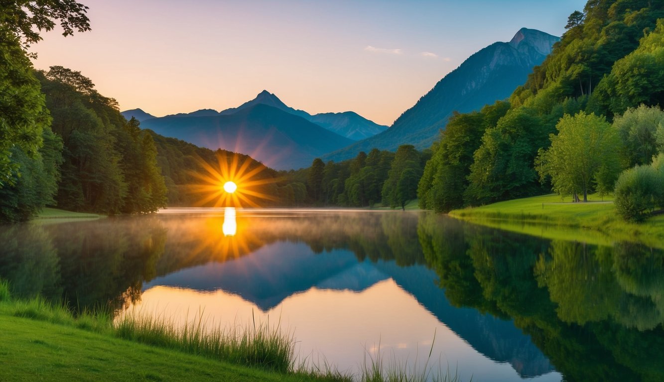 A serene landscape with a glowing sunset over a tranquil lake, surrounded by lush greenery and towering mountains in the distance. A sense of security and stability emanates from the scene