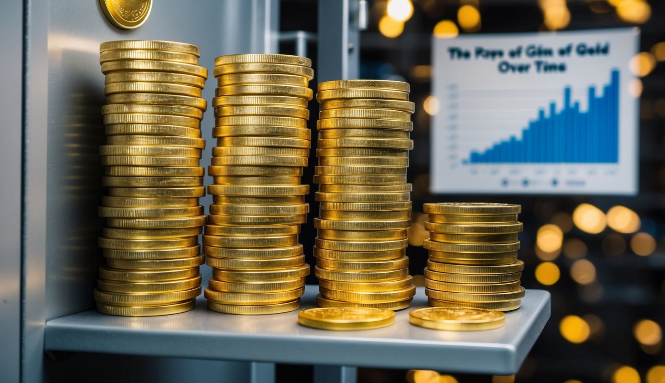 A stack of gold bars and coins arranged on a secure vault shelf. A chart showing the rise of gold value over time hangs on the wall