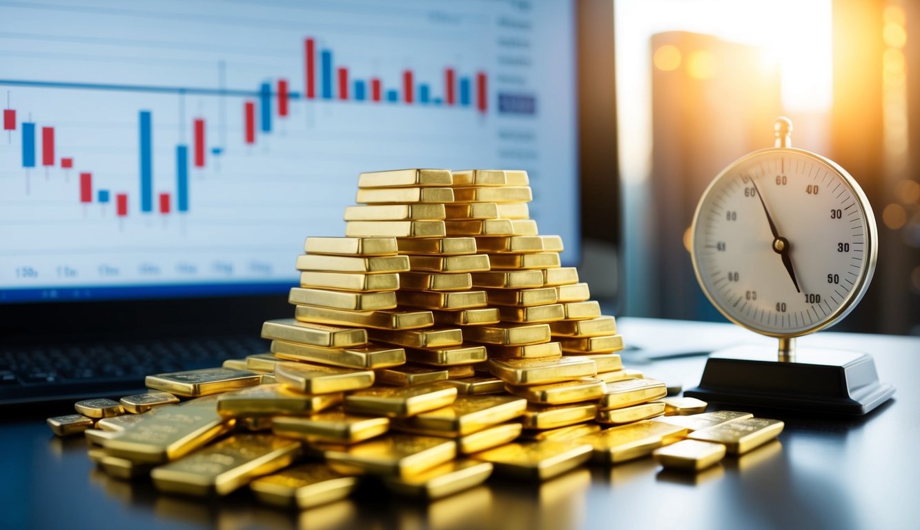 A pile of gold bars surrounded by fluctuating stock market graphs and a scale representing economic stability