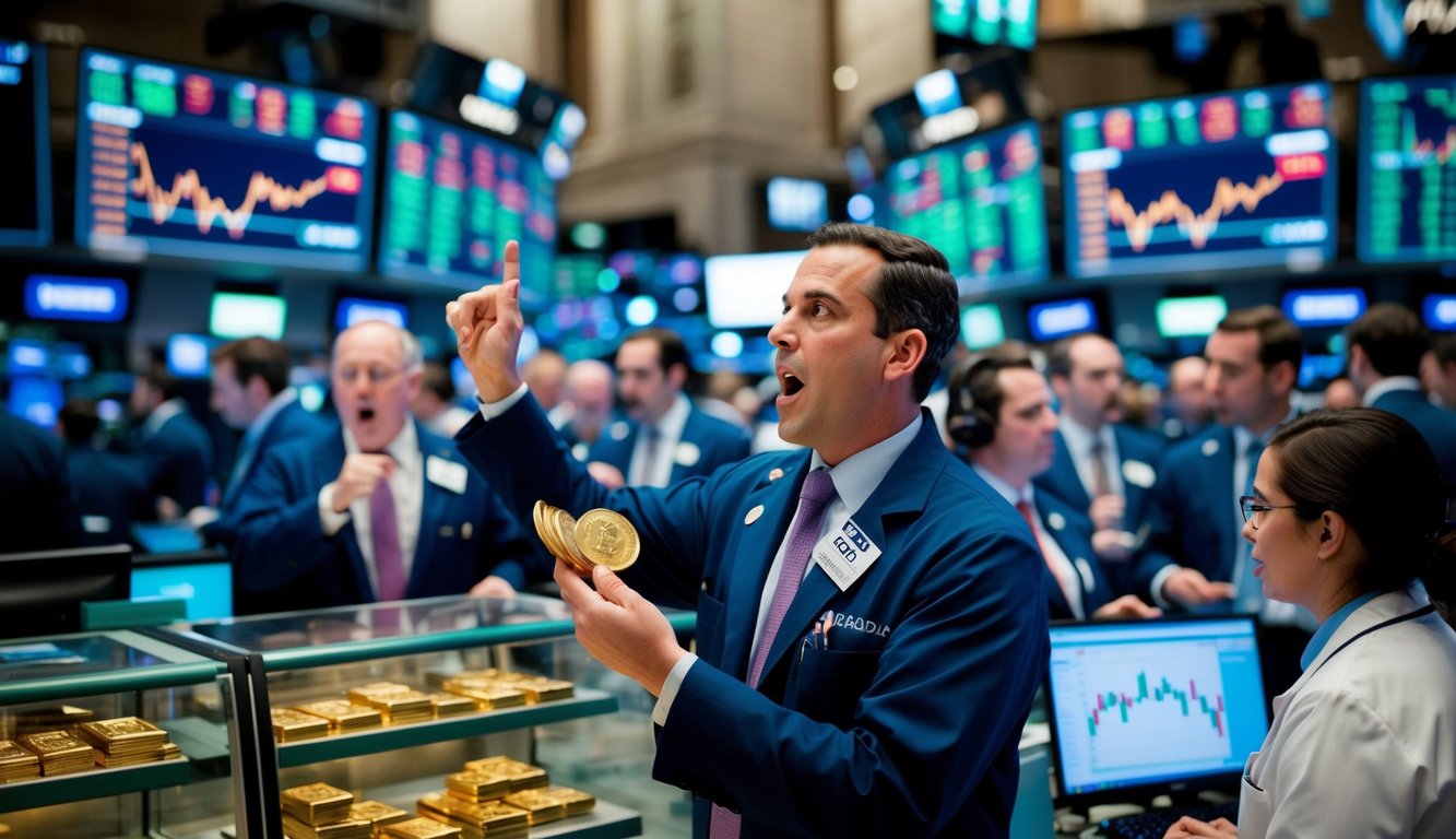 A bustling stock exchange floor with traders gesturing and shouting orders, gold bars and coins displayed in glass cases, and financial charts projected on screens