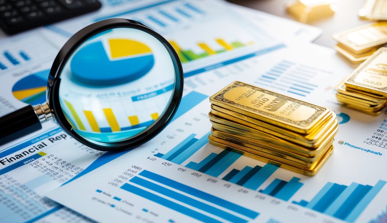 A magnifying glass hovers over a complex graph of gold prices, surrounded by financial reports and charts