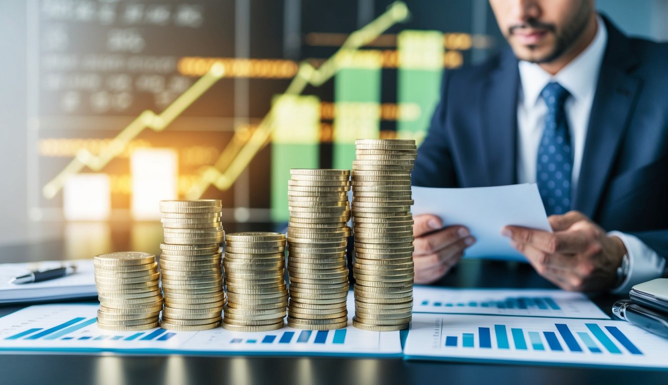 A stack of gold coins and bars arranged on a table, surrounded by financial charts and graphs. A person in a business suit is studying the data with a focused expression