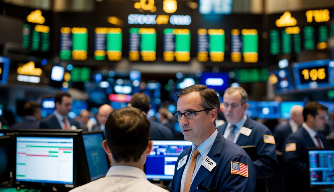 A bustling stock exchange floor with traders and monitors displaying gold prices