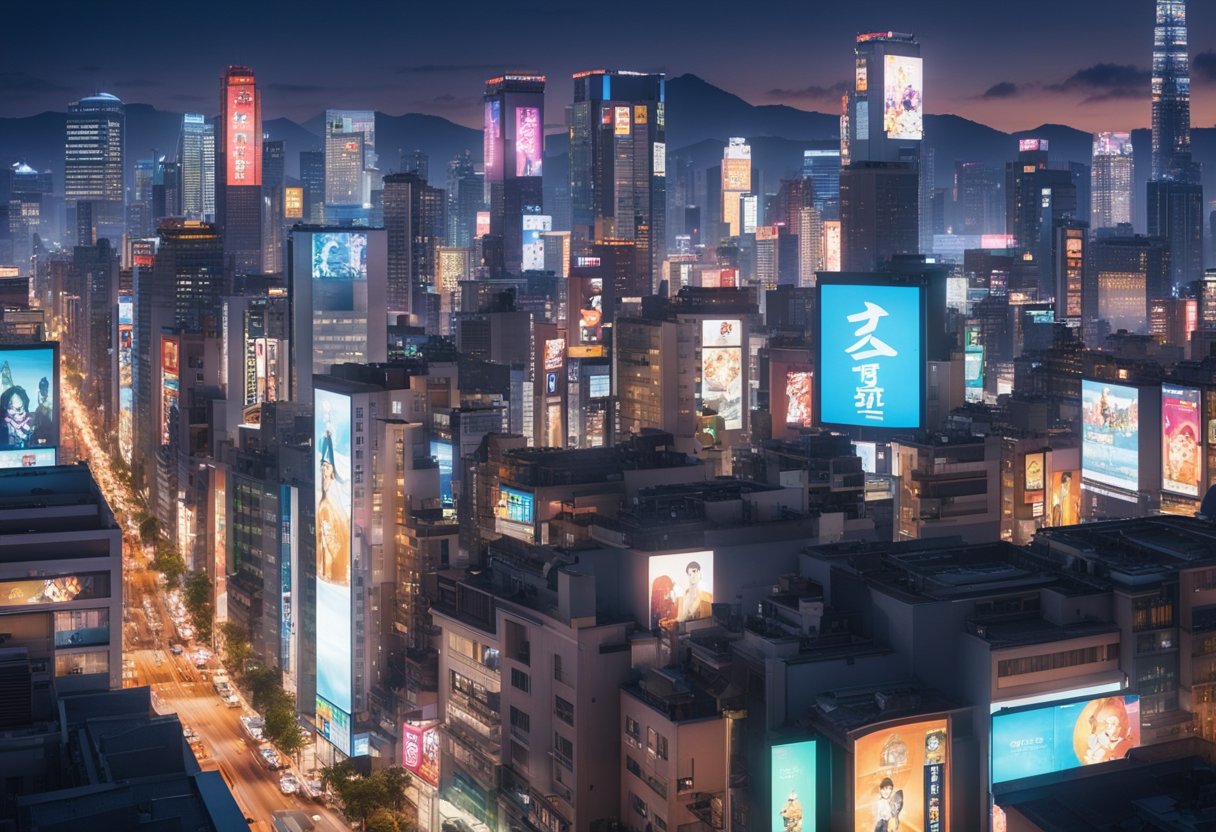 Uma paisagem urbana vibrante com arranha-céus imponentes, ruas movimentadas e outdoors coloridos apresentando personagens icônicos da série de anime Naruto.