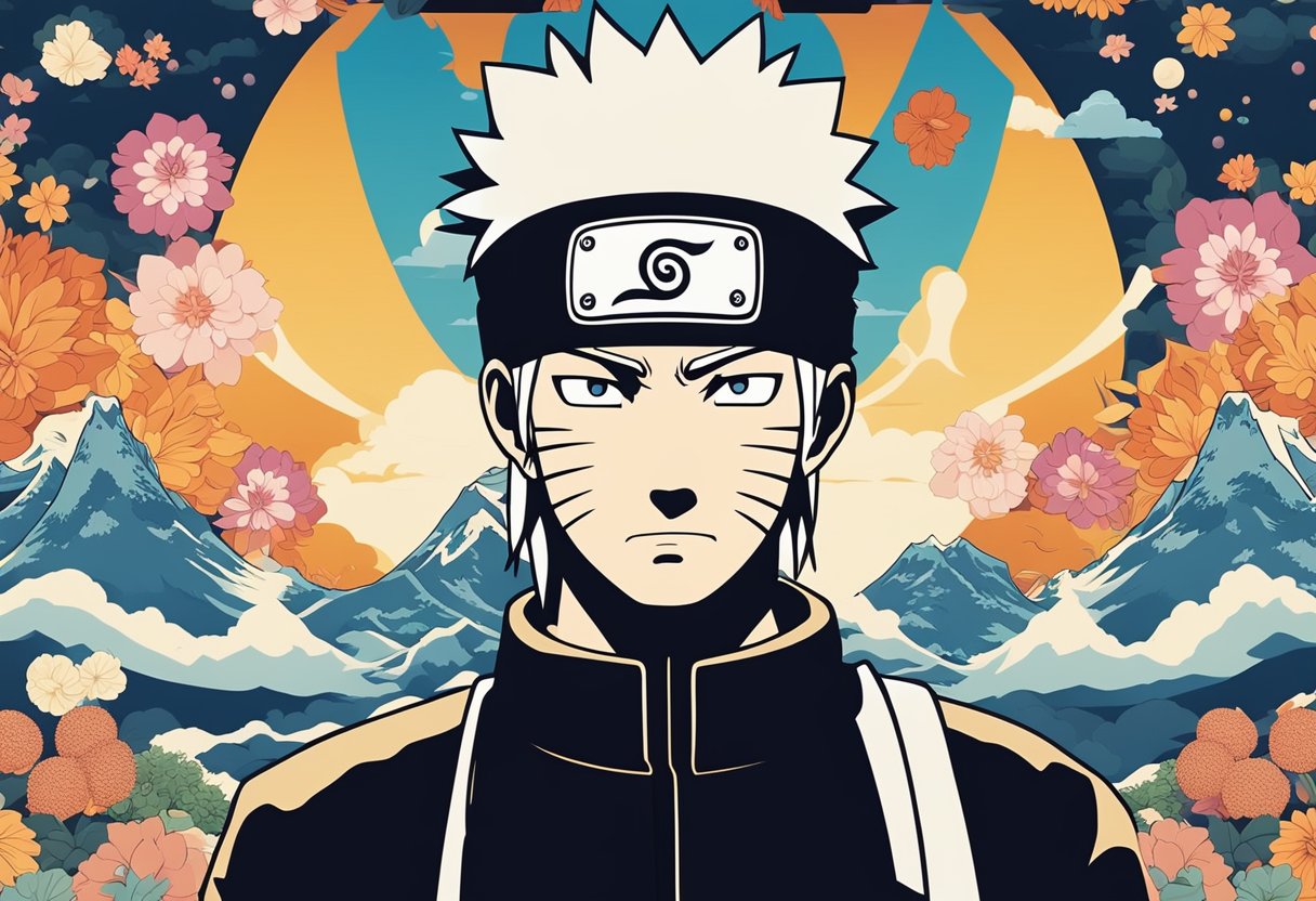 A icônica faixa de cabeça do Naruto repousa sobre um fundo vibrante e ondulante de imagens tradicionais japonesas, cercada por símbolos de culturas globais e plataformas de mídia.