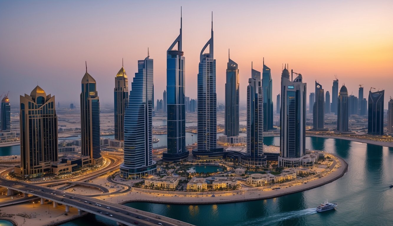 A bustling Dubai skyline with a prominent gold market, showcasing various gold investment opportunities amidst a thriving economy