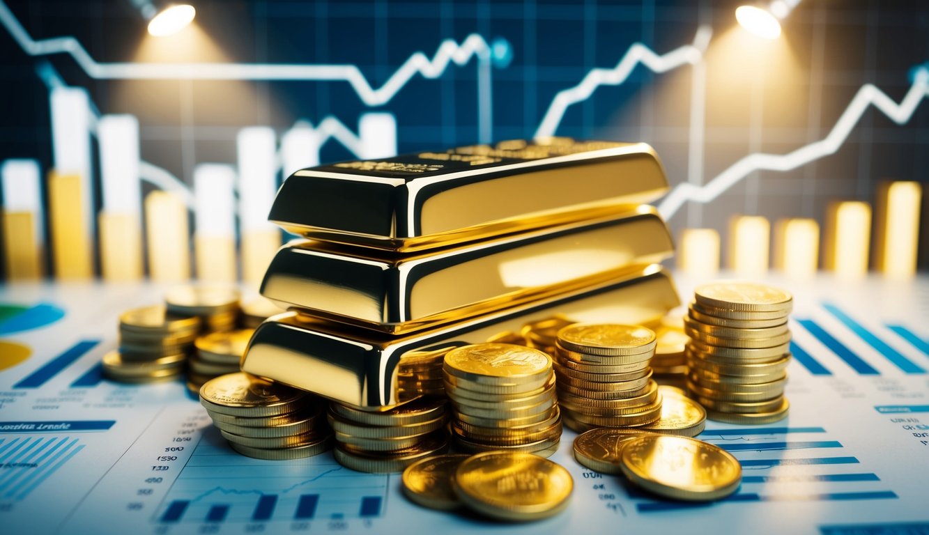 A stack of gold bars and coins gleaming under a spotlight, surrounded by financial charts and graphs, symbolizing the benefits of gold investment in Dubai's current economic climate