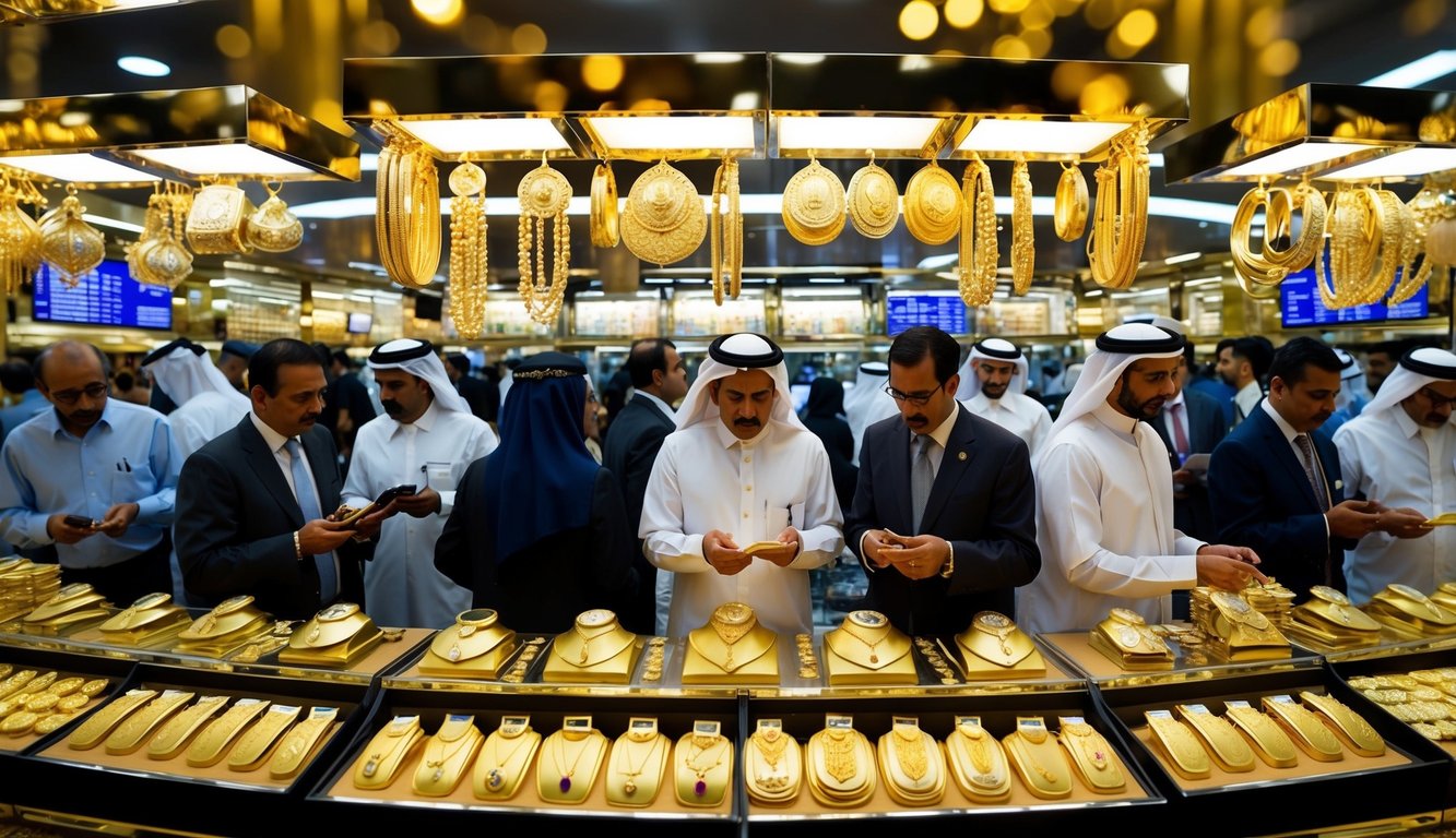 A bustling Dubai gold market with gleaming displays of gold jewelry and bullion, surrounded by eager investors and traders