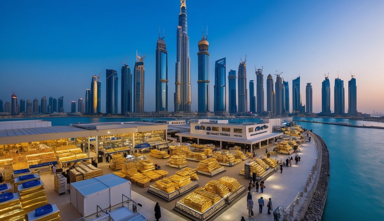 A bustling Dubai skyline with a prominent gold market, showcasing various gold products and bustling with investors and customers