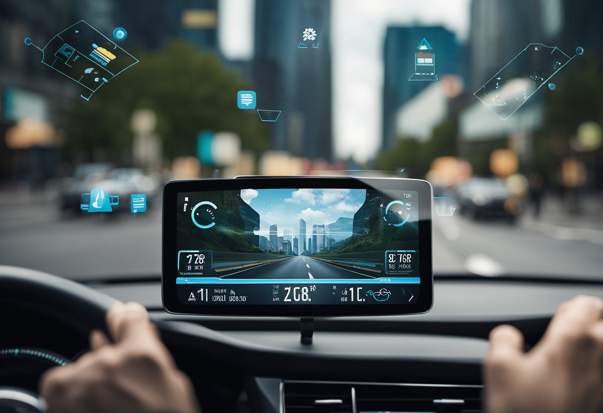 Um para-brisa de carro exibindo informações em realidade aumentada, com elementos interativos como navegação e atualizações do clima, aprimorando a experiência de condução.
