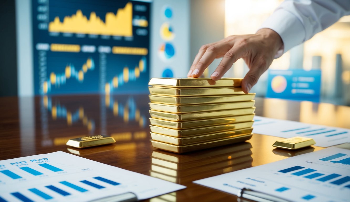 A stack of gold bars on a polished wooden table, surrounded by financial charts and graphs. A hand reaching out to touch one bar