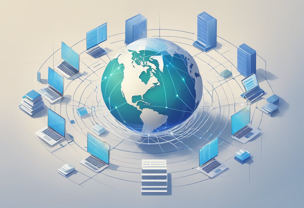 A globe surrounded by legal documents and data servers, with a network of interconnected lines symbolizing global data sovereignty compliance