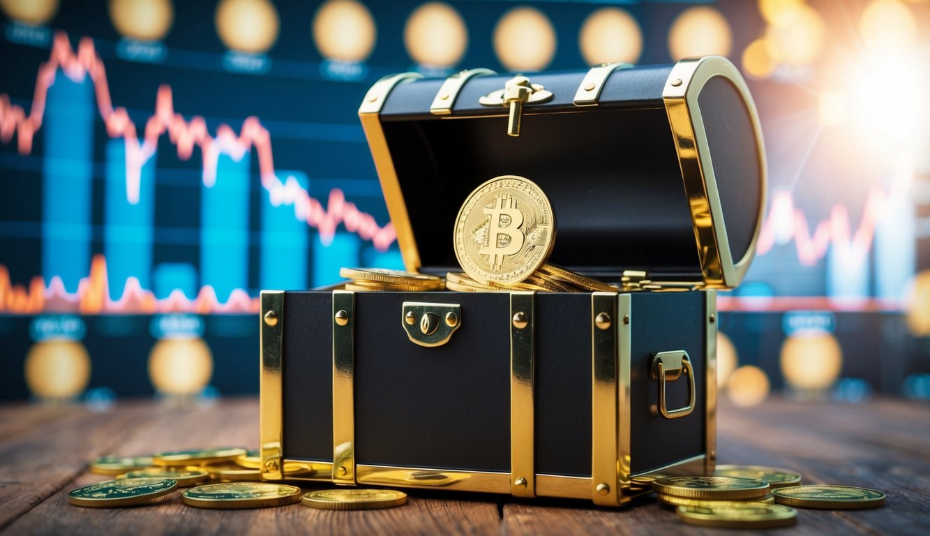 A treasure chest surrounded by rising and falling stock charts, with a shining gold coin balanced on top