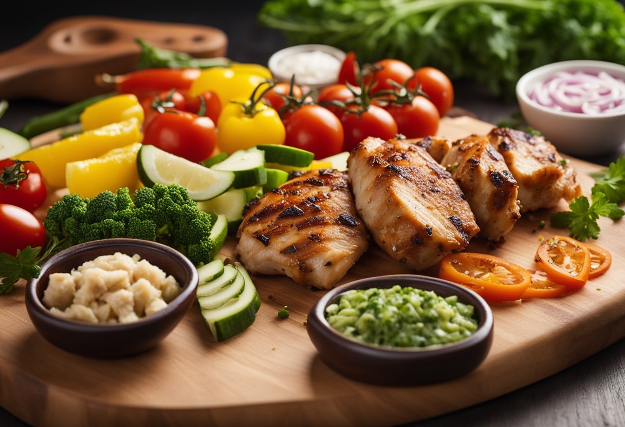 Uma variedade de ingredientes frescos está disposta em uma tábua de madeira, incluindo pedaços de frango, legumes coloridos e temperos, prontos para serem espetados para kebabs saudáveis de frango e legumes.
