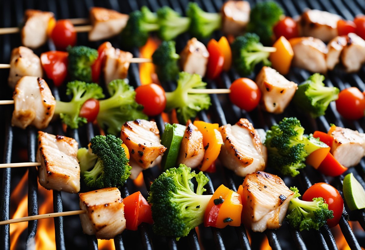 Espetinhos de frango e vegetais sendo temperados para um churrasco saudável