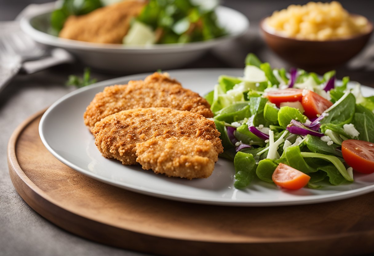 Um peito de frango empanado crocante, coberto com farinha de aveia, servido em um prato com uma porção de salada fresca.