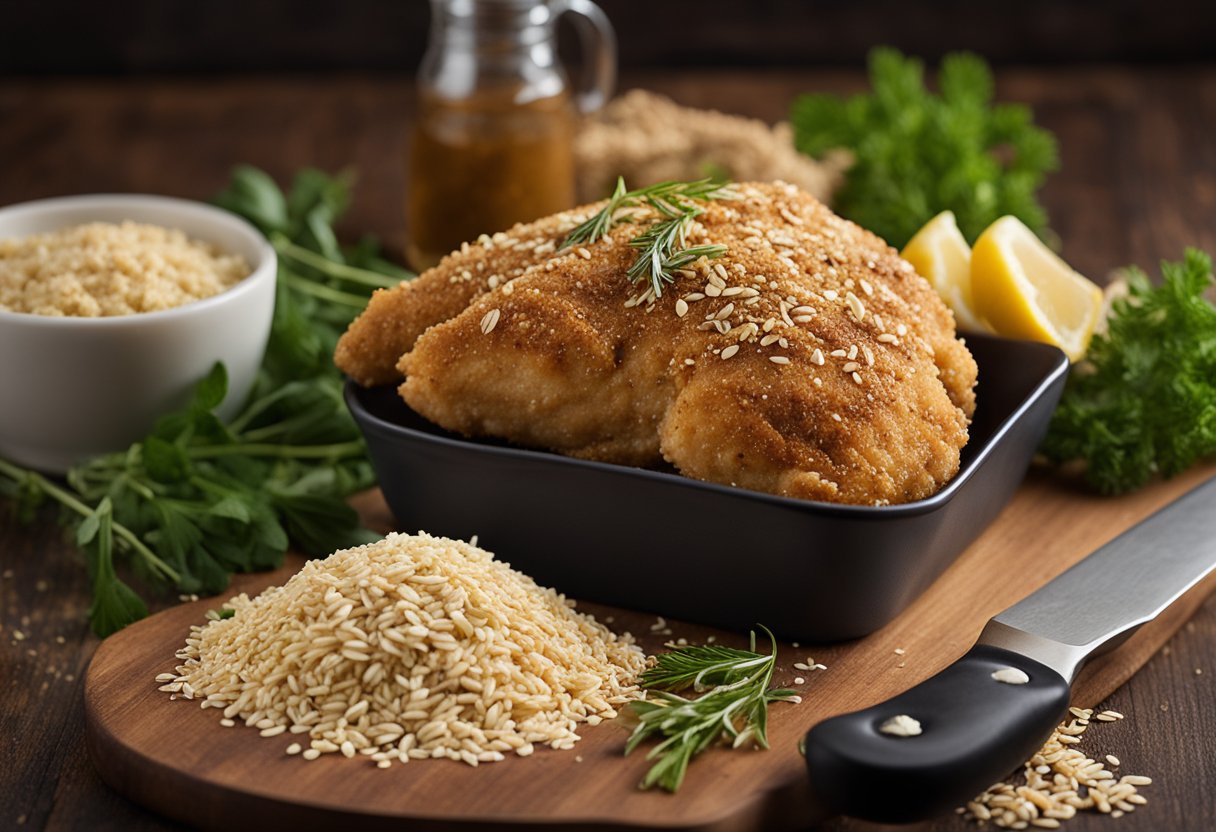 Um peito de frango dourado e crocante, coberto com farinha de aveia crocante, descansando em uma tábua de corte cercada por ervas frescas e uma tigela de farinha de rosca temperada.