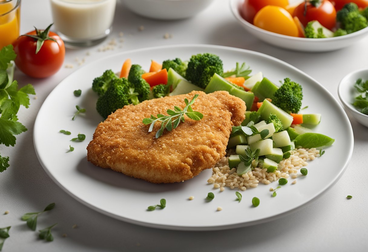 Um peito de frango empanado crocante, coberto com farinha de aveia, cercado por legumes e ervas frescas em um prato limpo e branco