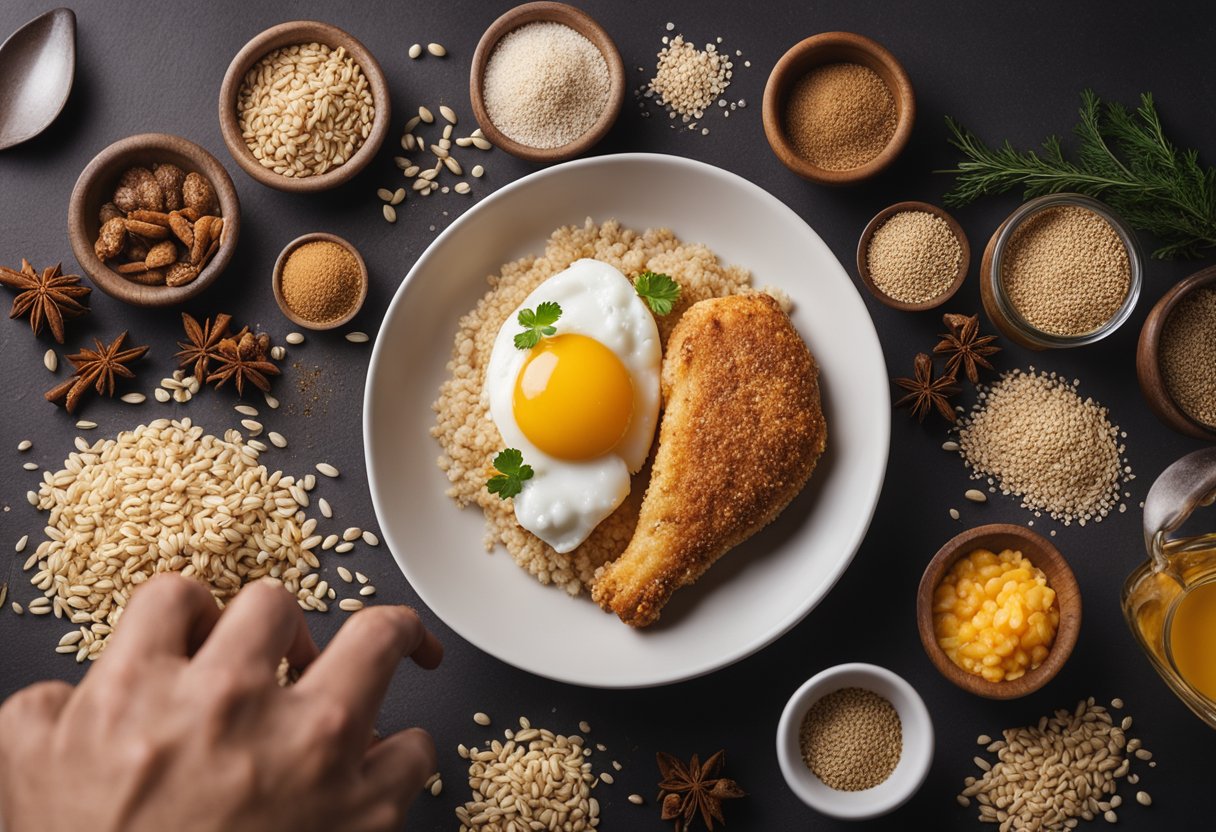 Um peito de frango empanado dourado e marrom repousa em uma grade, cercado por aveia e especiarias espalhadas. A mão de um chef alcança uma tigela de ovos batidos próxima.