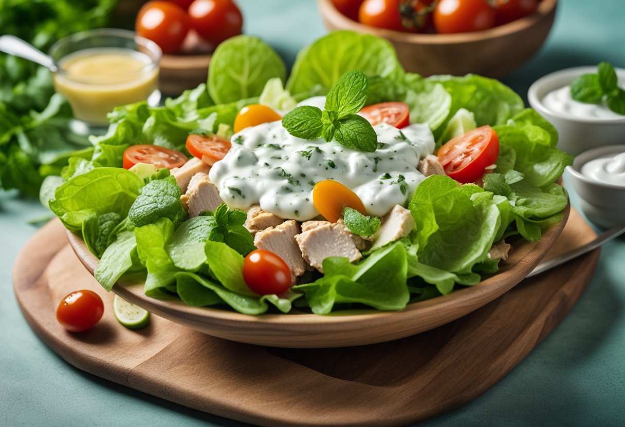 Uma tigela de salada de frango com molho de iogurte e hortelã, cercada por ingredientes frescos como alface, tomates-cereja e fatias de pepino.