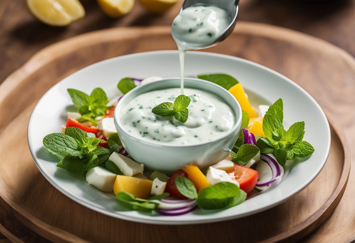 Uma tigela de iogurte cremoso e molho de hortelã sendo regado sobre uma salada de frango colorida
