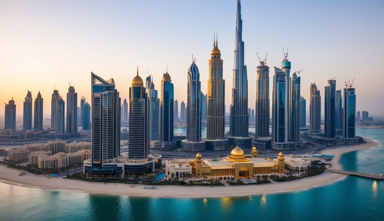 A bustling Dubai skyline with gleaming skyscrapers and a prominent gold market, showcasing the city's lucrative investment opportunities in the precious metal