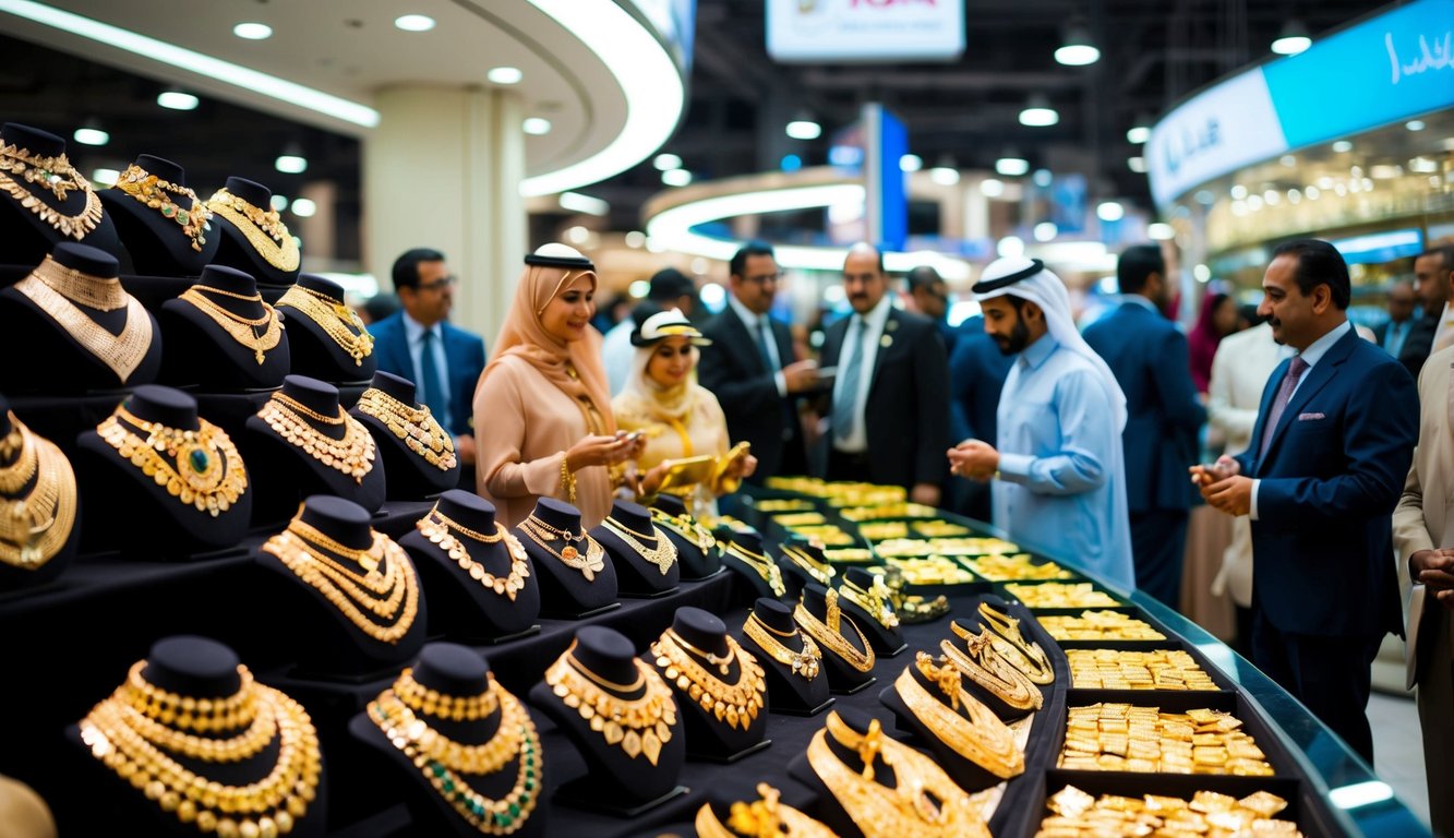 A bustling Dubai marketplace with gleaming gold jewelry on display, surrounded by eager investors and potential buyers